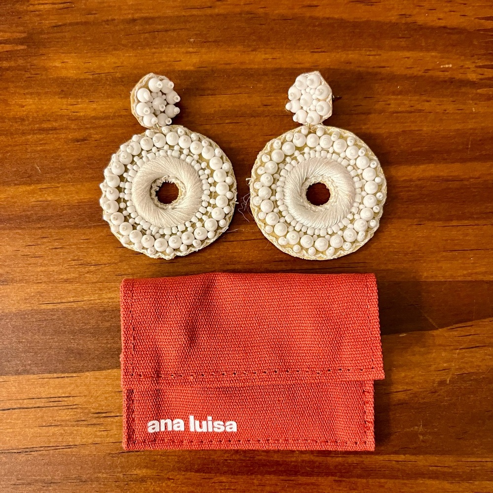 White Beaded Circular Dangle Earrings with Jewelry Pouch